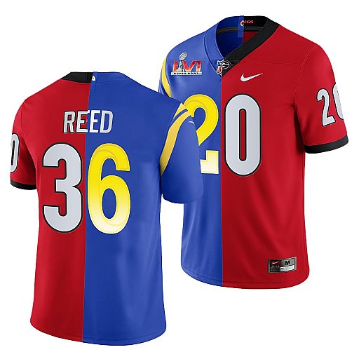 Men's Red/Royal Los Angeles Rams X Georgia Bulldogs #36 J.R. Reed Split Super Bowl LVI Stitched Jersey